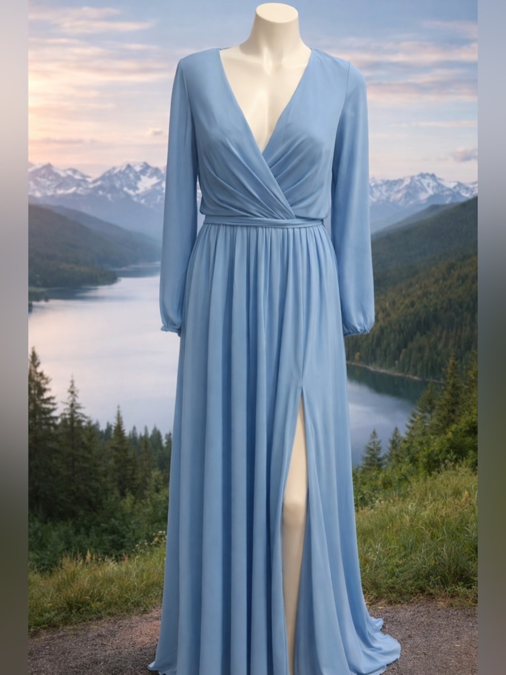 NWT AW Bridal Periwinkle Blue Chiffon Formal Mother of Bride Long Sleeve Gown 12